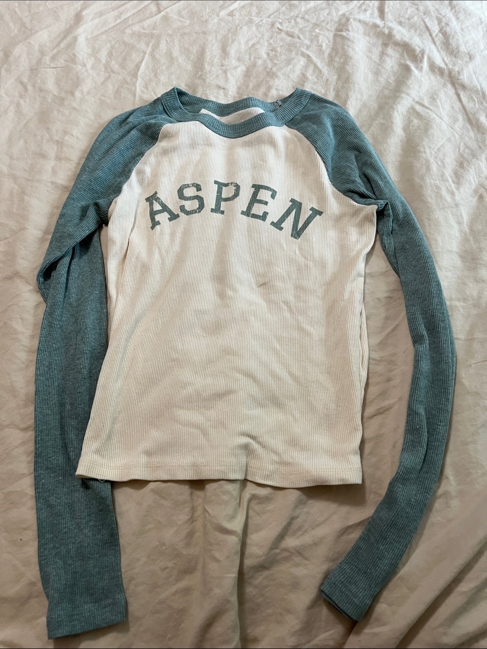 Pink Republic Cream Thermal Tee with Sage Raglan Trim
